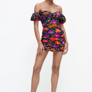 Zara Floral Print Off the Shoulder Mini Dress